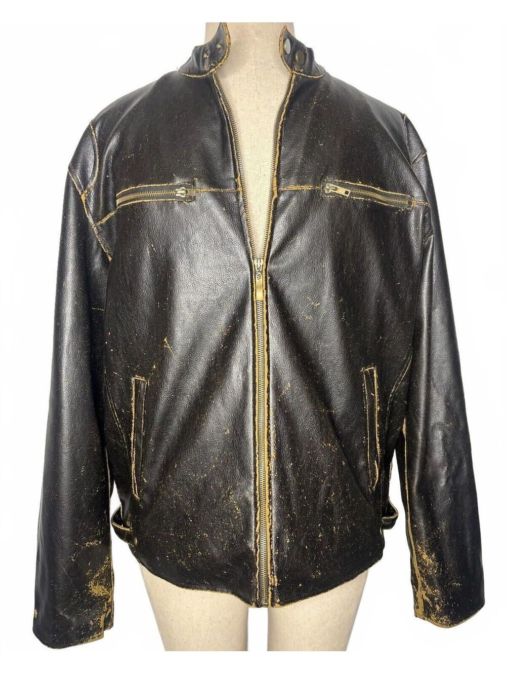Vintage Burnside Dark Brown Faux Leather Bomber Jacket Moto Coat Men's Size XL
